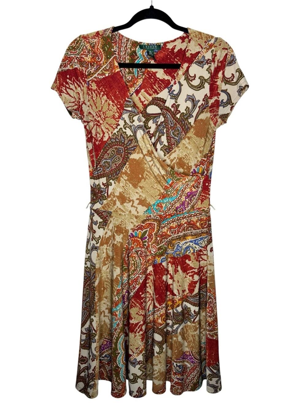 RALPH LAUREN / red tan paisley boho western fit & flare dress / M